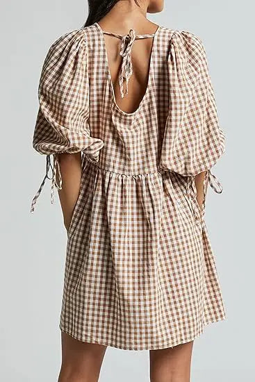Short Sleeve V Neck Plaid Mini Dress